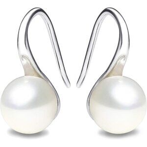 Women Silver Sterling Hoop Quality White Freshwater Cultured Pearl Earrings